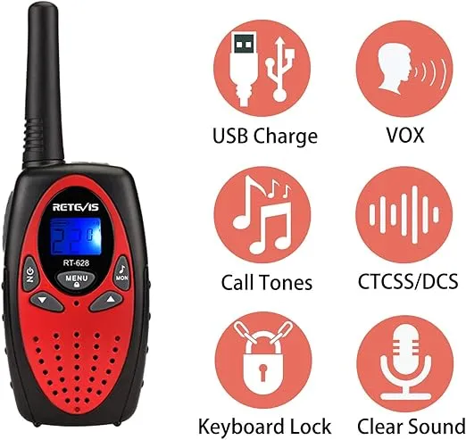 Retevis RT628 Walkie Talkies for Kids Rechargeable,Long Range 2 Way Radio 22 CH Backlit LCD Screen VOX,Toys Gifts for 5-14 Years Old Boys Girls,Indoor Outdoor Adventure(Red, 2 Pack)