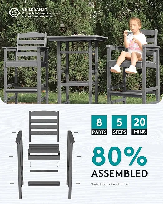 SERWALL Tall Adirondack Chairs Set of 2, Balcony Adirondack Chairs Set, Outdoor Bar Height Barstools Chair Set for Bistro, Poolside, Garden, Gray
