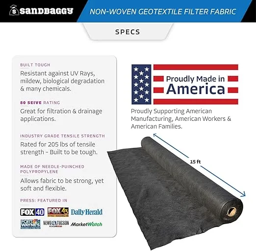 Sandbaggy Non Woven 8 oz Geotextile Landscape Fabric | Made in America | 50 Year Fabric | Industrial Grade Fabric | 205 Lbs of Tensile Strength | UV Protected | Approved by DOT (15 ft x 25 ft Roll)