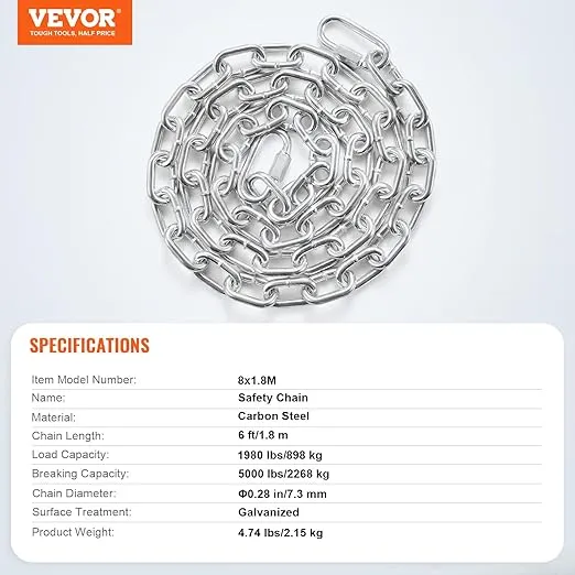 VEVOR Proof Coil Chain, 5/16" x 6', 1980 lbs Safe Working Load, Zinc Plated Proof Tested Coil Chain with Two Quick Links, Galvanized Carbon Steel Link Chain for Towing, Hanging, Camping, Pet Towing