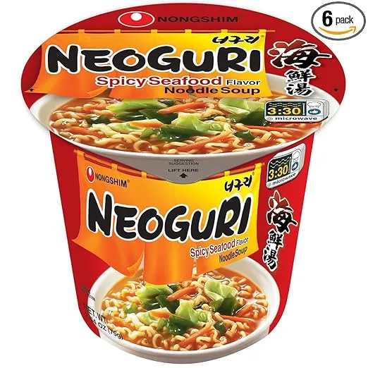 Nongshim Neoguri Spicy Seafood Ramen Noodle Soup, 6 Pack, Microwaveable Ramyun Instant Noodle Cup, Bold & Spicy Chili Peppers
