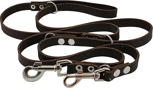 Brown 6 Way European Multifunctional Leather Dog Leash, Adjustable Schutzhund Lead 49"-94" Long, 3/4" Wide (18 mm) Large