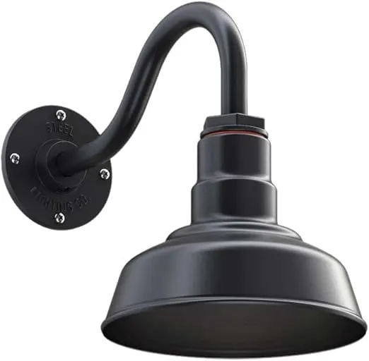 Steel Lighting Co. Hawthorne Barn Light | Outdoor Wall Mounted | 8 inch Dome | 11 inch Gooseneck| Small Farmhouse Light Made in America | Matte Black Exterior/Matte Black Interior