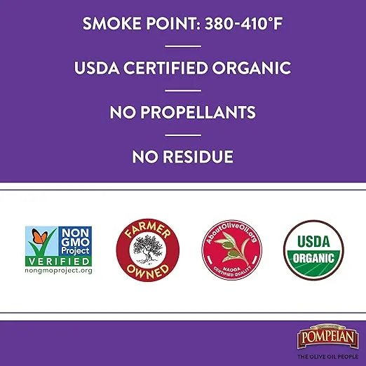 Pompeian USDA Certified Organic Extra Virgin Olive Oil Non-Stick Cooking Spray, Full-Bodied Flavor, Perfect for Salads and Pasta Drizzling, Naturally Gluten Free, Non-Allergenic, Non-GMO, No Propellants, 5 FL. OZ., Single Bottle