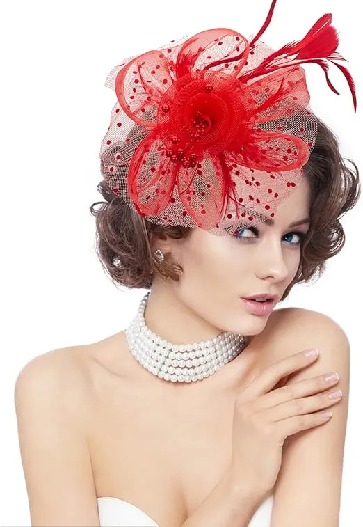 Fascinators Hats for Women Tea Party Hat Kentucky Derby Headband Mesh Flower Feathers Hair Clip for Wedding Cocktail