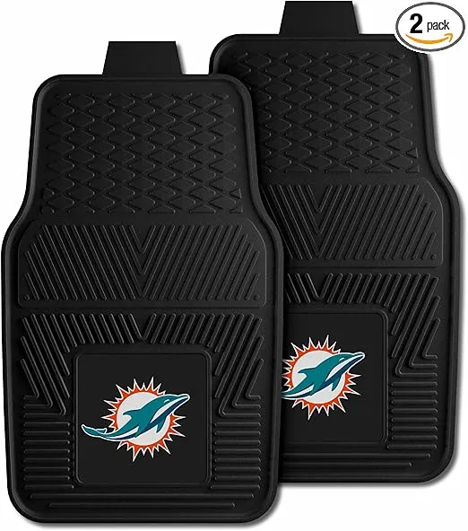 FANMATS 8770 Miami Dolphins 2-Piece Heavy Duty Vinyl Car Mat Set, Front Row Floor Mats, All Weather Protection, Universal Fit, Deep Resevoir Design, 18"x27"