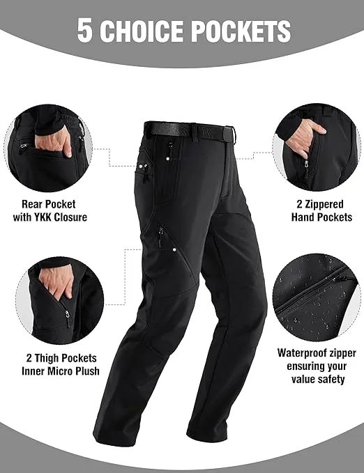 Free Soldier Men's Fleece Lined Outdoor Cargo Hiking Pants Water Repellent Softshell Snow Ski Pants with Zipper Pockets