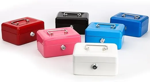 Small Cash Box with Key Lock, Decaller Portable Metal Money Box with Double Layer & 2 Keys for Security, Pink, 6 1/5" x 5" x 3", QH1506XS
