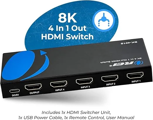 OREI 8K HDMI 2.1 Switch 4x1, Switcher UltraHD Supports Upto 4K @ 120Hz VRR, Dolby Vision, ALLM, Audio SwitchingPS5, Xbox, Gaming, Remote Contorl IR HDCP 2.3 CEC