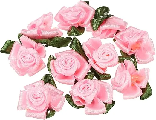 PATIKIL Mini Satin Ribbon Roses, 30 Pcs Small Rosettes Fabric Flowers with Green Leaves for Craft Projects Embellishments Applique, Pink