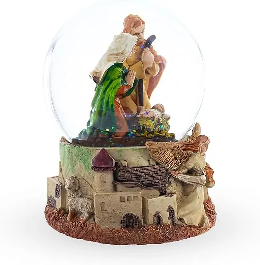 Nativity Scene and Divine Guardian Angel Musical Water Snow Globe