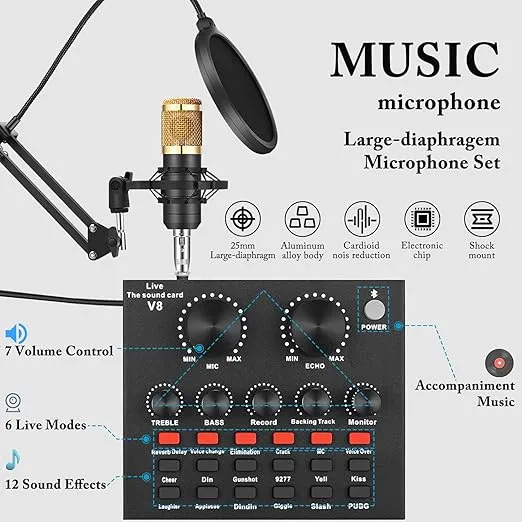 Podcast Equipment Bundle, Audio Interface with Voice Changer and BM800 Condenser Microphone, Recording Studio Package Perfect for Recording, Broadcasting, Live Streaming, YouTube, TikTok (BM800-V8B)