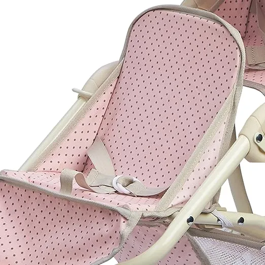 Olivia's Little World Double Jogging-Style Doll Stroller for Baby Dolls with Tandem Seating, Retractable Canopy, Storage Basket, All-Terrain Wheels, Cream, Pink and Gray Polka Dots