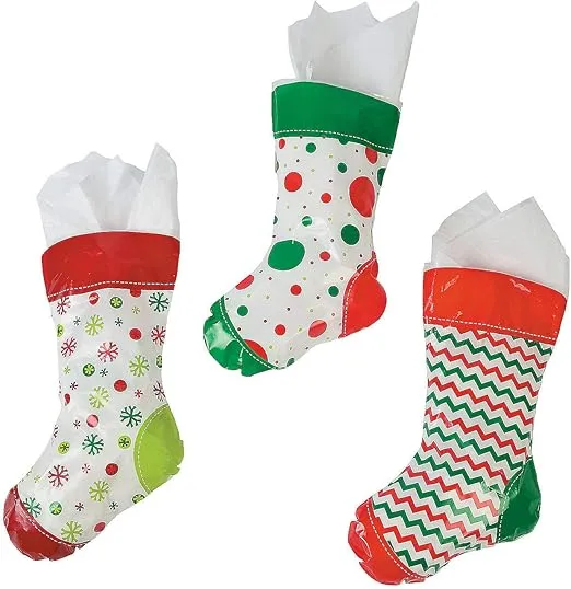 Fun Express - Plastic Stocking Treat Bags for Christmas - Party Supplies - Bags - Plastic Bags - Christmas - 12 Pieces