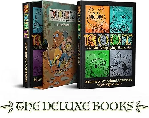 Deluxe Set Root: The RPG - Core Book & Travelers & Outsiders, hardcover rulebook & Expansion, Full-Color, Original Art by Kyle Ferrin, Silk Bookmarks, foil-Stamped Covers, Hard slipcase Included.