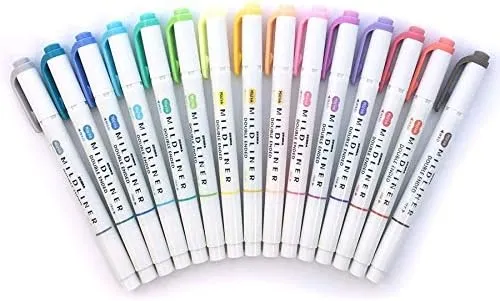 Zebra Pen Mildliner Double Ended Highlighter Set, Chisel and Bullet Tips, Assorted Ink Colors, 15-Pack