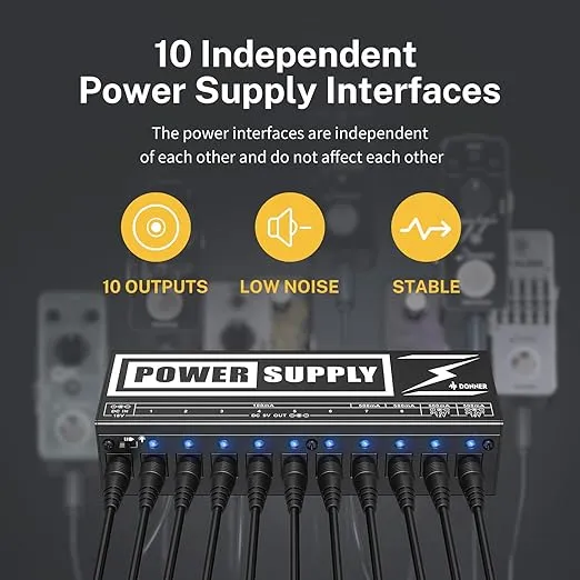 Donner DP-2 Guitar Pedal Power Supply High Current 10 Isolated DC Output for 9V/12V/18V Effect Pedals