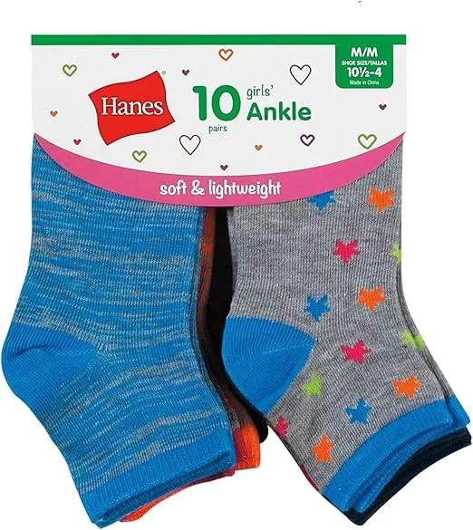 Hanes Girls' Fashion Ankle Socks (10 Pack)