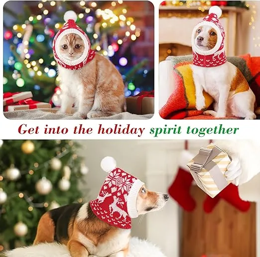 Pawaboo Christmas Pet Hat, Funny Knitted Pets Cap with Pompon, Cute Crocheted Snood Winter Warm Pet Hat, Neck Ear Warmer Hood Warm Scarf Xmas Decoration Santa Hat for Medium Dogs, M, Elk Red