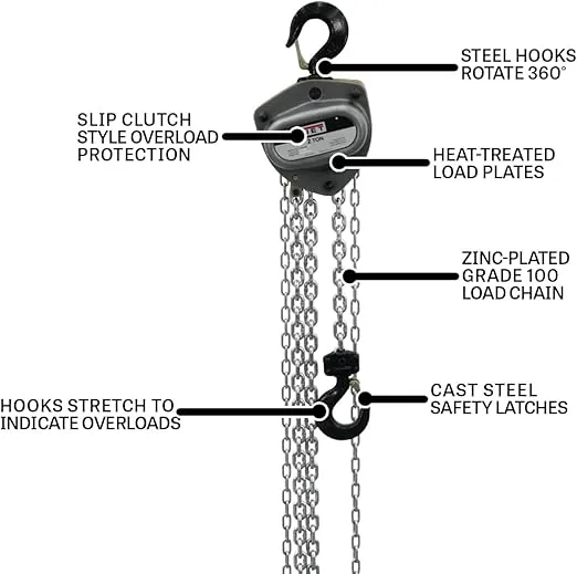 JET 2-Ton Hand Chain Hoist, 10' Lift, Overload Protection (L-100-200WO-10)