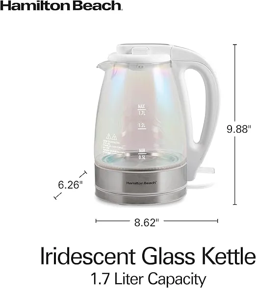 Hamilton Beach 1.7L Electric Tea Kettle, Water Boiler & Heater, LED Indicator, Built-In Mesh Filter, Auto-Shutoff & Boil-Dry Protection, Cordless Serving, Iridescent Clear Glass (41055)
