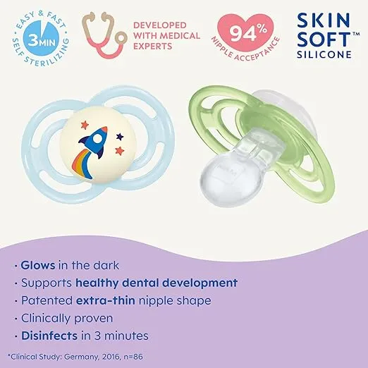 MAM Perfect Night Baby Pacifier, Patented Nipple, Glows in the Dark, 2 Pack, 16+ Months, Blue/Boy,2 Count (Pack of 1)