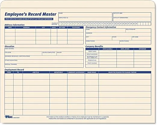 TOPS 3280 Employee Record Master File Jacket, 9 1/2 x 11 3/4, 10 Point Manila (Pack of 20)