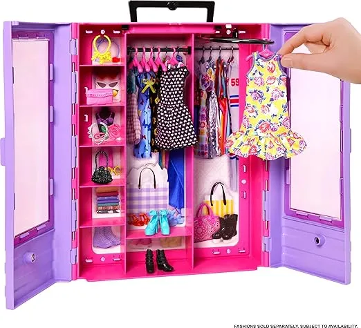 Barbie Fashionistas Ultimate Closet & 6 Hangars, Purple with Fold-Out Rack & Carrying Handle, Portable Storage for Barbie Doll Clothes & Accessories