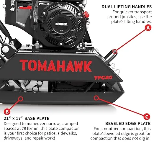 Tomahawk Vibratory Plate Compactor Tamper with Poly Pad and Wheels for Dirt, Asphalt, Gravel, Soil Compaction with Kohler Engine