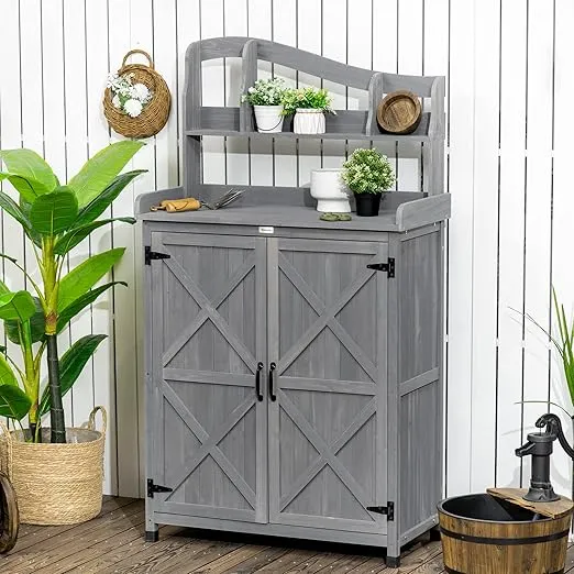 Outsunny Potting Bench Table, Outdoor Storage Cabinet, Multi-Function Gardening Bench, Wooden Planting Workstation with Magnetic Doors, for Yard Tools or Pool Accessories, Gray