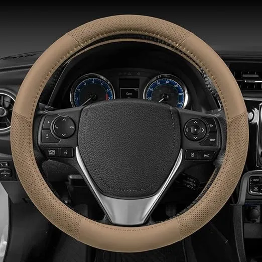 Motor Trend Beige Classic Stitch Perforated Simulated Leather Steering Wheel Cover, All Beige