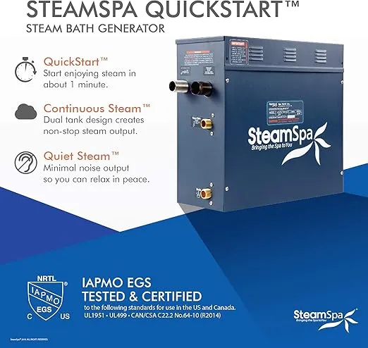 SteamSpa Executive 7.5 KW QuickStart ACU-Steam Bath Generator Package with Built-in Auto Drain in Brushed Nickel | Steam Generator Kit with Dual Control Panel Steamhead 240V | EXT750BN-A