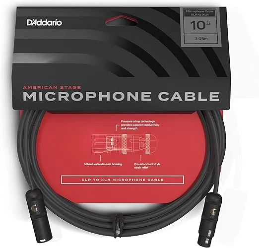 D'Addario Accessories Microphone Cable - XLR Cable - Copper Braid Shield - Optimal Signal Transfer - American Stage - 10 Feet/3.05 Meters - 1 Pack