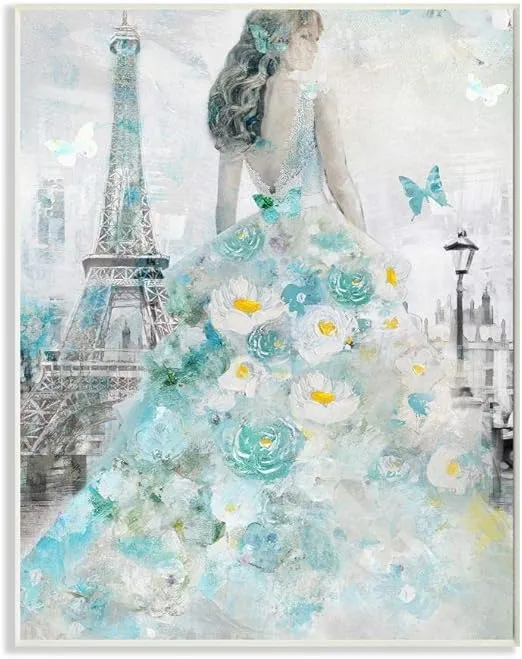 Stupell Industries Parisian Woman with Butterfly and Blue Floral Dress Painting Wall Plaque, 10 x 15, Design by Artist Main Line Art & Design