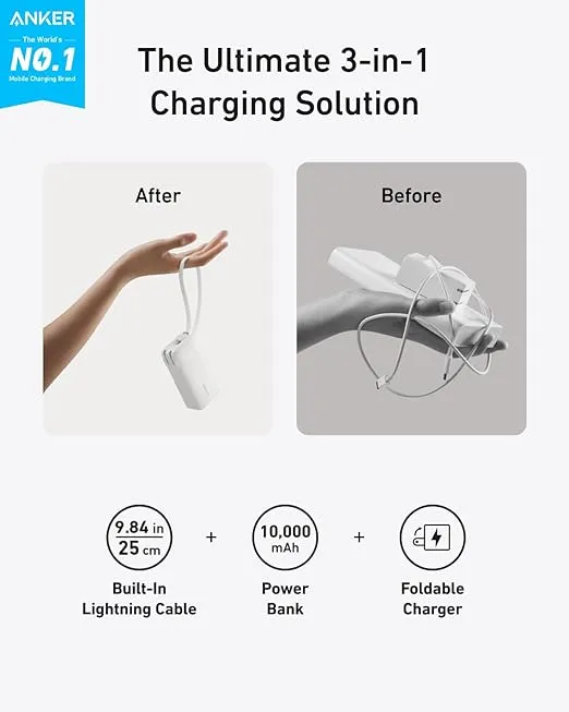 Anker Nano 3-in-1 Power Bank, 10,000mAh Portable Charger with Built-in Lightning Cable and Foldable Wall Plug, 30W Max Compact Battery Pack, for iPhone 14 Series, Galaxy, MacBook, and More