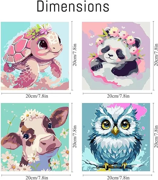 FQOVKYN 4 Pack Paint by Number for Kids, Cute Animals Paint by Numbers Kit for Adults Beginner, Easy Acrylic Watercolor Paint by Numbers Canvas Arts and Crafts for Wall Decor (8 * 8in)