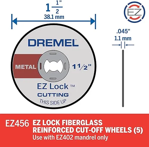 Dremel EZ456, 1 1/2-Inch (38.1 mm) Wheel Diameter, EZ - Lock™ Fiberglass Reinforced Cut-Off Wheels, Rotary Tool Cutting Disc for Metal Cutting, 5 Pieces, Medium, Red