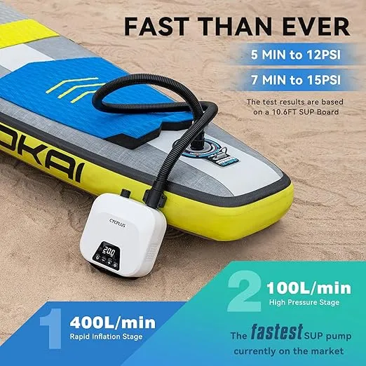 CYCPLUS 20PSI High Pressure Smart SUP Air Pump, Rechargeable Battery-Powered, Intelligent Dual Stage Inflation & Deflation, Auto-Off Air Pump for Stand Up Paddle Boards,Surfing Kite, Tent, Mattress