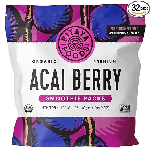 Pitaya Foods - Organic Acai Smoothie Packs, Pre-Packaged Frozen Fruit Purée, No Added Sugar or Preservatives, Good Source of Fiber, Potassium, & Antioxidants, 100% Fruit, Non-GMO (14 oz, 8-Pack)
