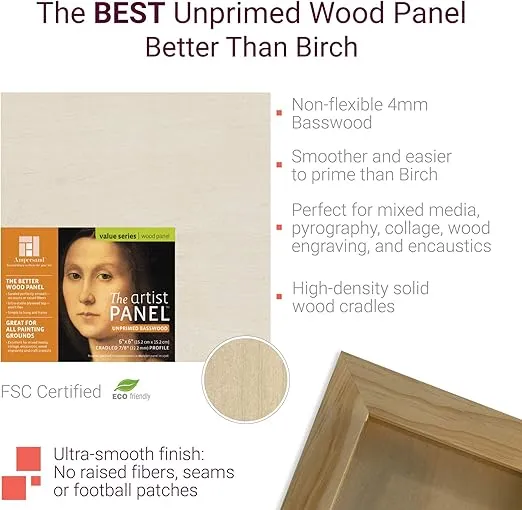 Ampersand Art Supply Unprimed Basswood Artist Panel, 1-1/2" Cradled Profile, 5"x7"
