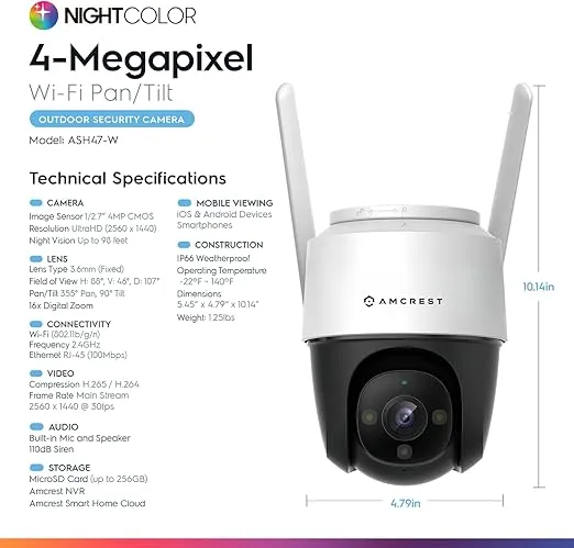 Amcrest 4MP Outdoor PT WiFi IP Camera Pan Zoom (Digital 16x) SmartHome WiFi Camera Security Speed Dome, Motorized Tilt, 98ft Nightcolor, (2.4Ghz), 107º FOV, IP66, 4MP, ASH47-W