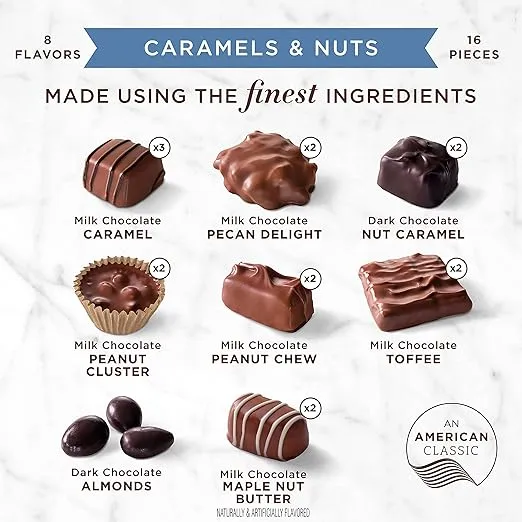 Russell Stover Caramel and Nuts in Milk and Dark Chocolate, Mother's Day Chocolate Gift Box, 9.4 Ounce