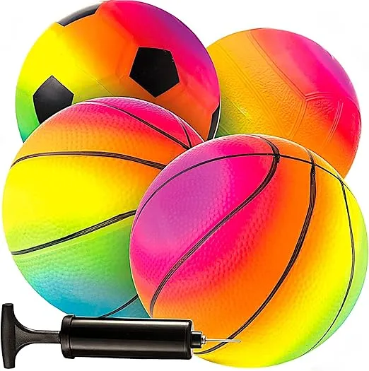 Bedwina Mini Rainbow Sports Balls - 5 Inch (Pack of 4) Inflatable Vinyl Balls for Kids and Toddlers with Hand Air Pump, Neon Basketball for Playground, Indoor and Outdoor Use