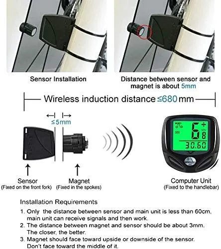 Bike Speedometer Waterproof Wireless Bicycle Bike Computer and Cycling Odometer with Automatic Wake-up Multi-Function LCD Backlight Display