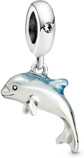 PANDORA Shimmering Dolphin, Navy Enamel & Green Crystal 925 Sterling Silver Dangle Charm - 798947C01