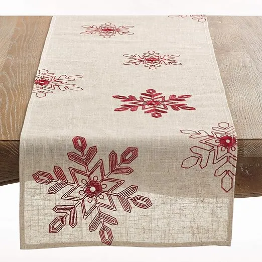 SARO LIFESTYLE 70197.R1670B Nivalis Collection Embroidered Snowflakes Table Runner, 16" x 70", Red