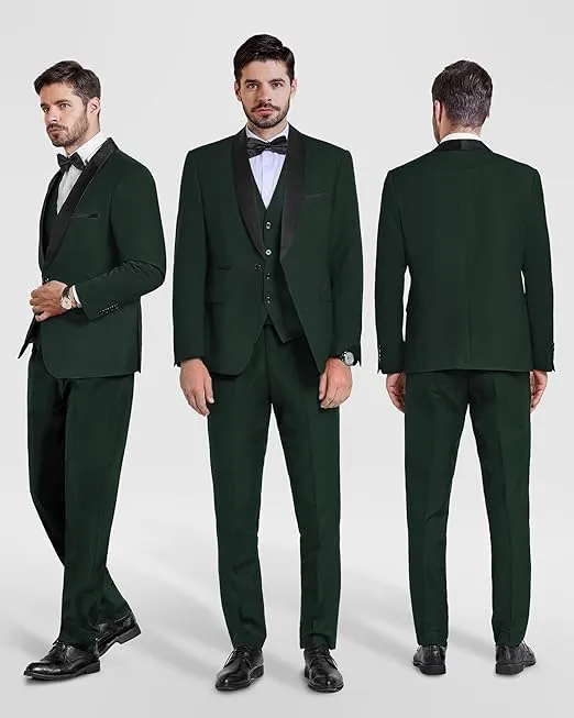 YND Men's 3 Piece Slim Fit Tuxedo Set, One Button Shawl Collar Solid Jacket Vest Pants with Bow Tie