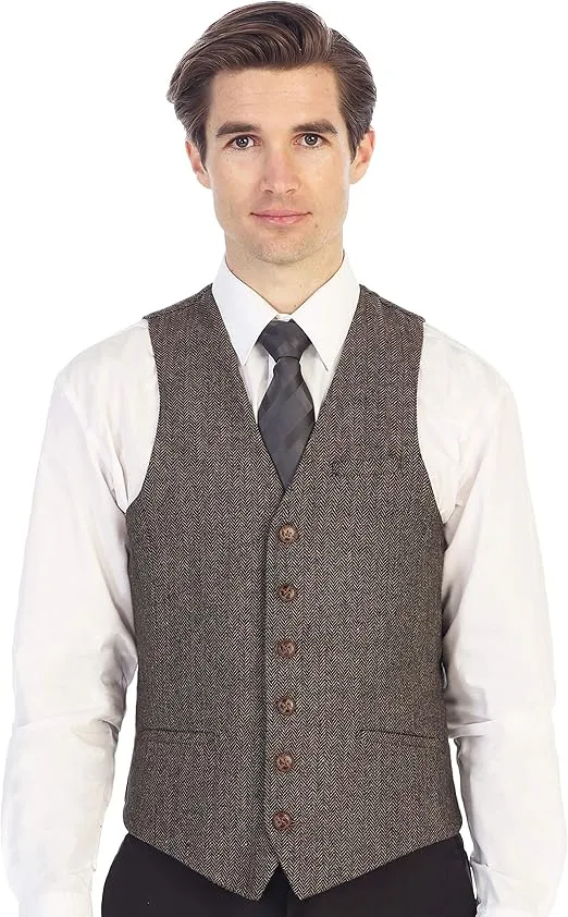 Gioberti Men's 6 Button Slim Fit Formal Herringbone Tweed Vest