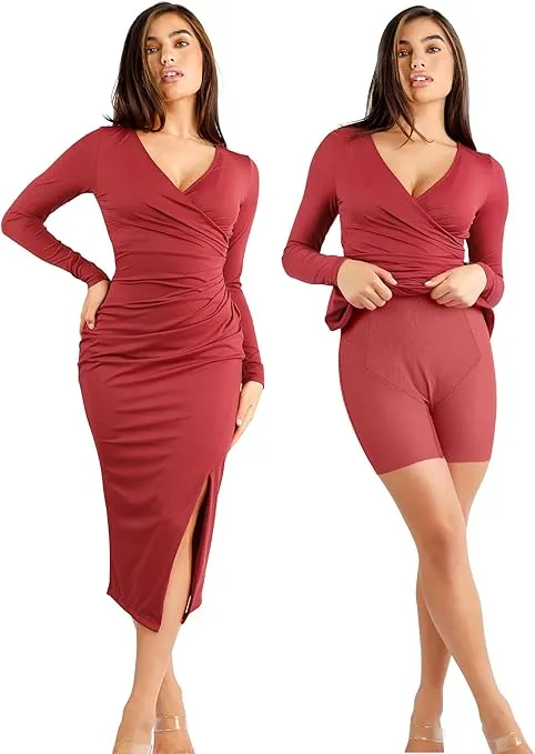 Popilush Shapewear Dress V Neck Formal Wedding Midi Dress Built in Shapewear for Women Long Sleeve Bodycon Dress