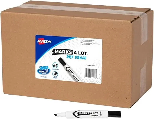 AVERY Marks A Lot Bulk Value Pack Dry Erase Markers, White Board Markers with Chisel Tip, 200 Black (24445)